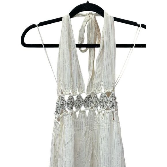 Zara White Gold Halter Maxi Dress Lurex Viscose Lace Waist Size S Limited - Picture 10 of 12